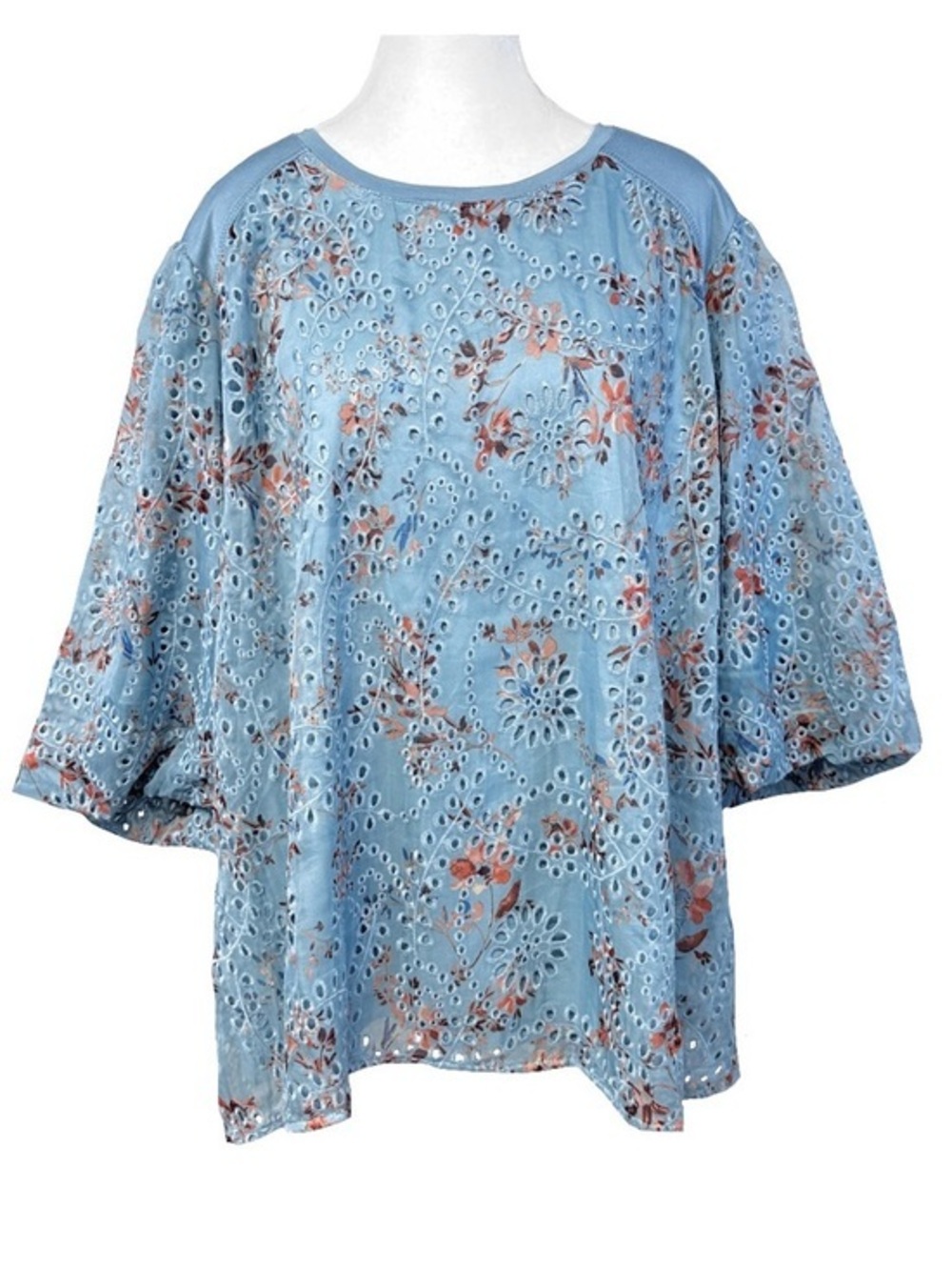 LOGO Lavish Lori Goldstein Eyelet Elbow Puff Sleeve Peasant Top Blue Floral 2X